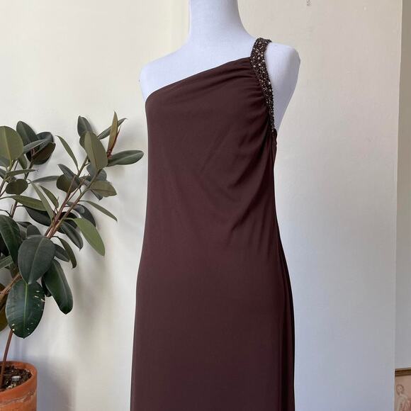 Vintage Cache Chocolate Beaded One Shoulder Asymmetric Hem Dress - Picture 2 of 8